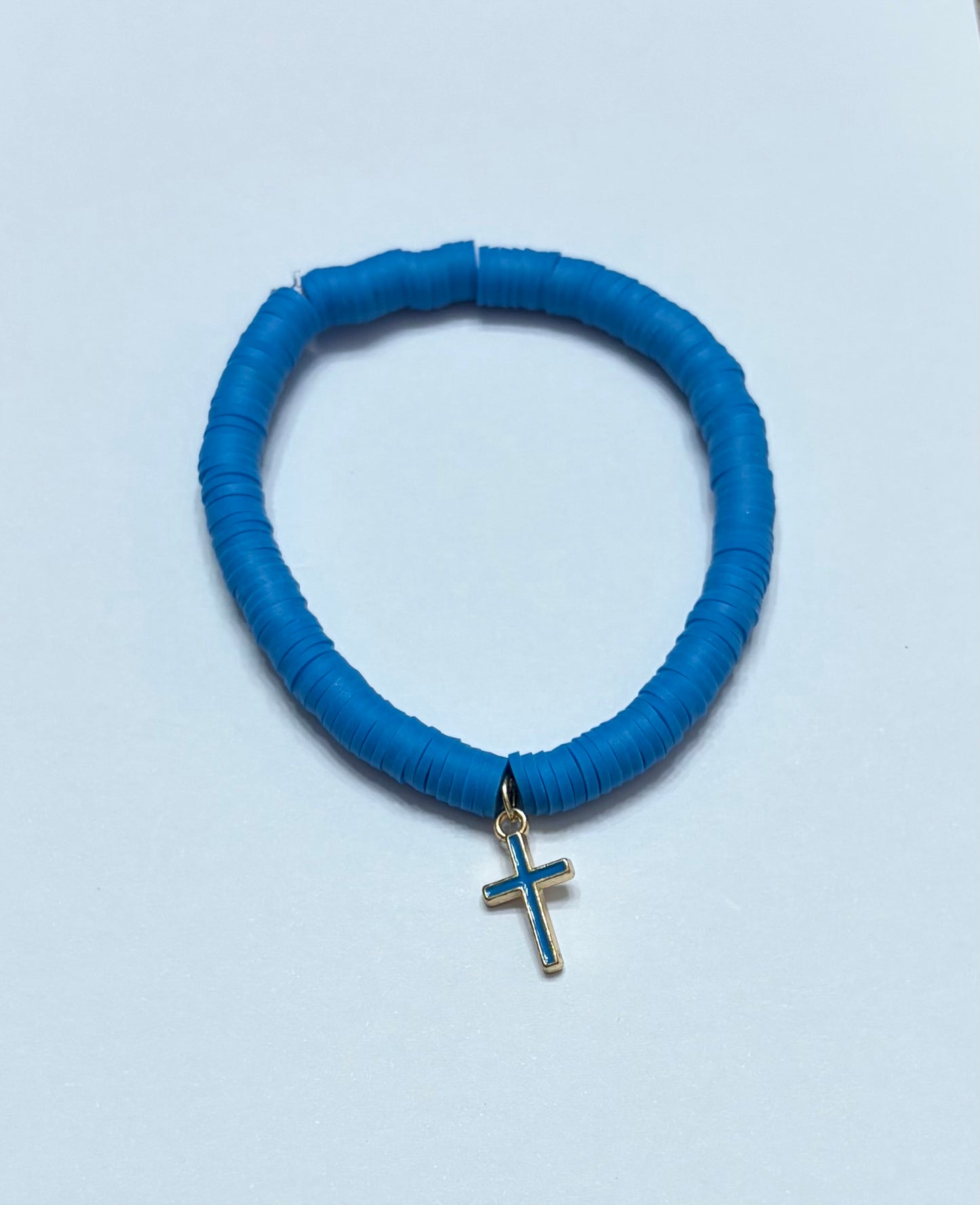 Blue clay bead bracelet with Blue Cross in the middle