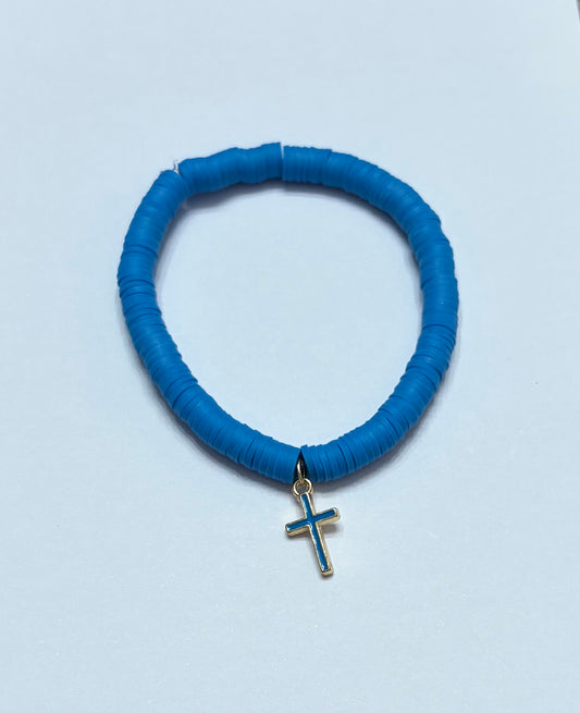 Blue clay bead bracelet with Blue Cross in the middle